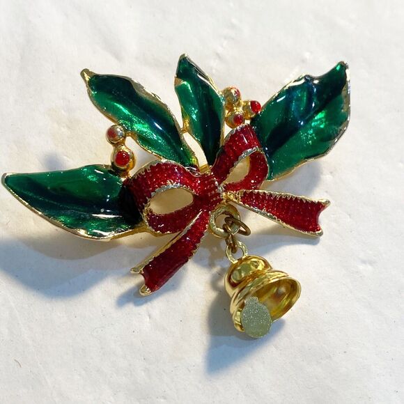 Christmas Brooch Goldtone Red & Green Enamel Festive Holly Sprig & Bell Pin - Picture 7 of 7